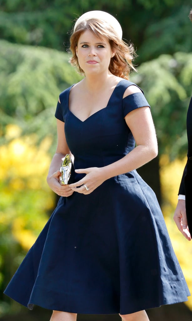 For Pippa Middleton's wedding, Princess Eugenie accessorised her blue dress with a simple white pillbox hat.