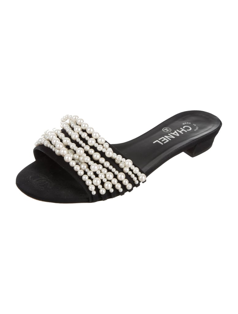 Chanel CC Canvas Faux-Pearl Embellished Slide Sandals