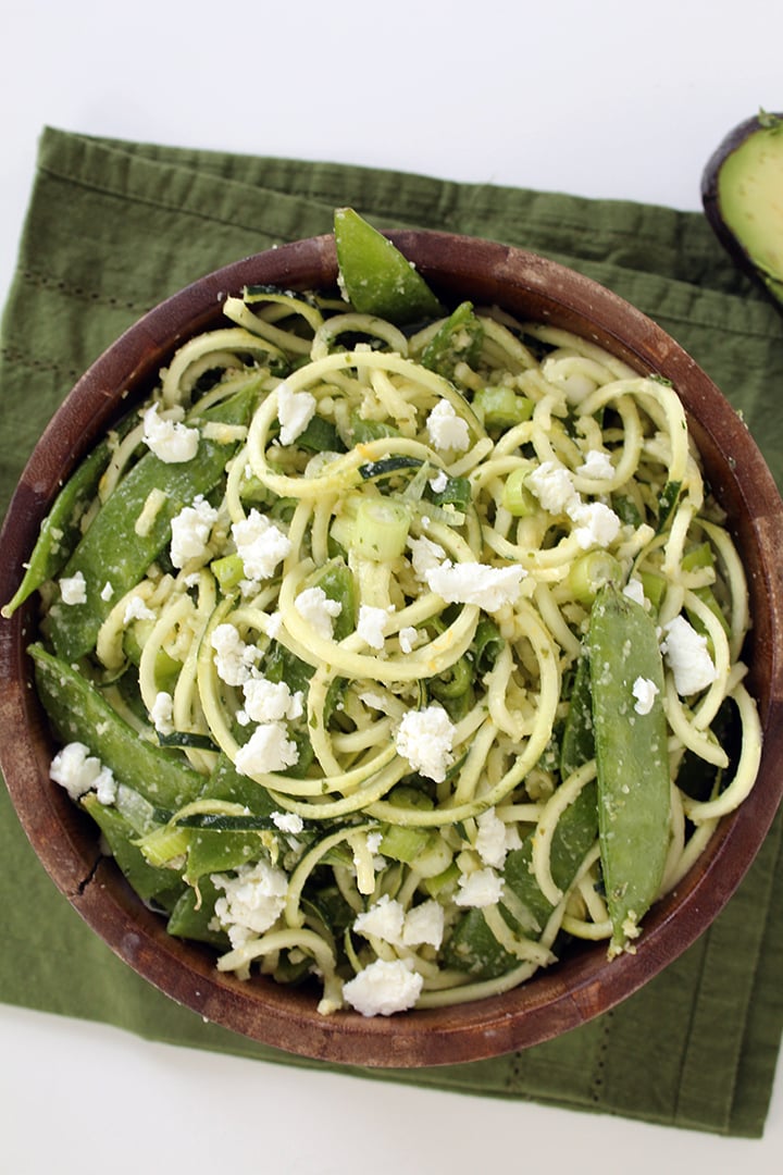 Mint Pesto Zucchini Pasta With Goat Cheese and Avocado