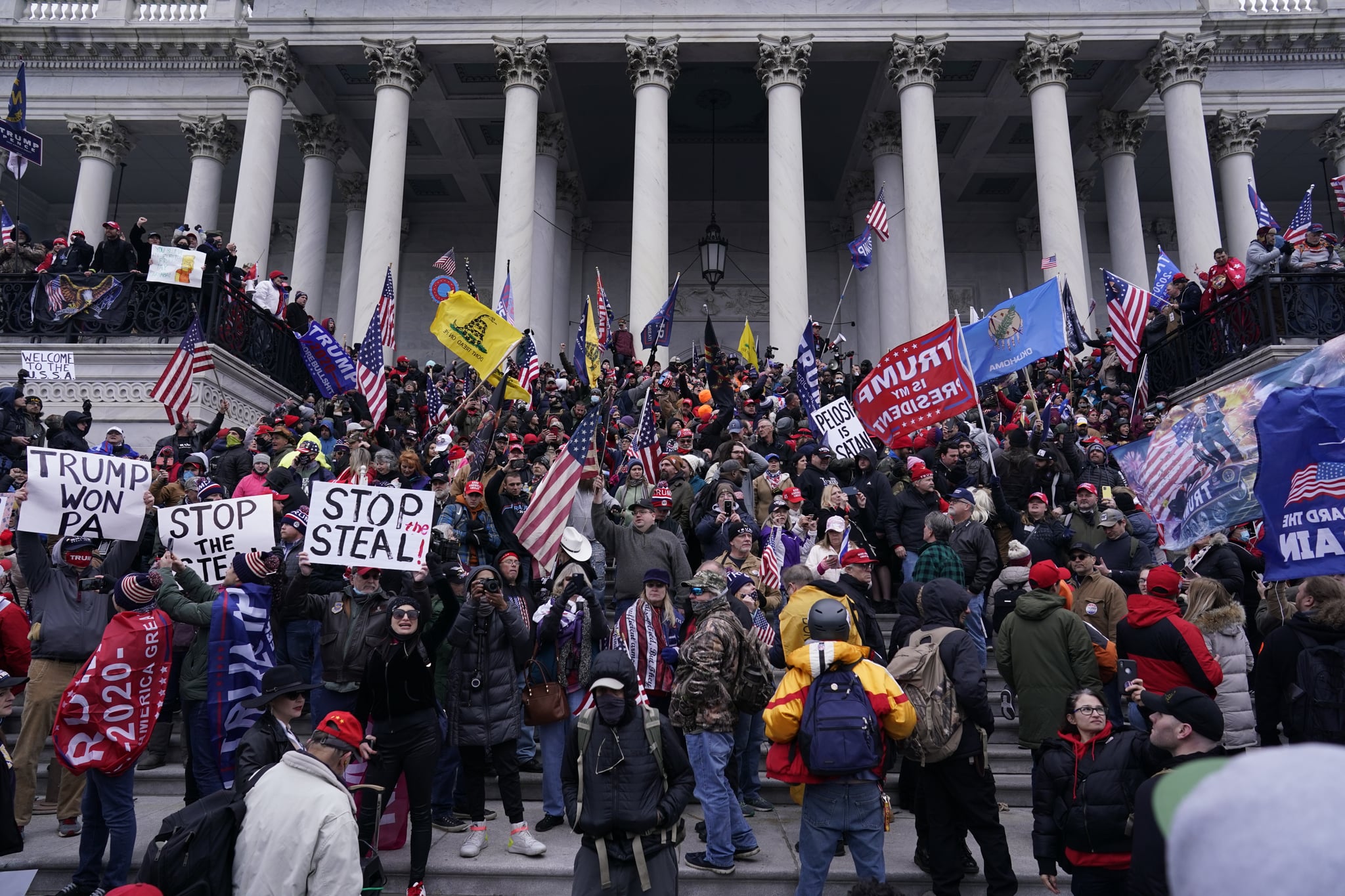 WASHINGTON, DC - JANUARY 06: Protesters gather on the second day of pro-Trump events fuelled by President Donald Trump's continued claims of election fraud in an to overturn the results before Congress finalizes them in a joint session of the 117th Congress on Wednesday, Jan. 6, 2021 in Washington, DC. (Kent Nishimura / Los Angeles Times via Getty Images)