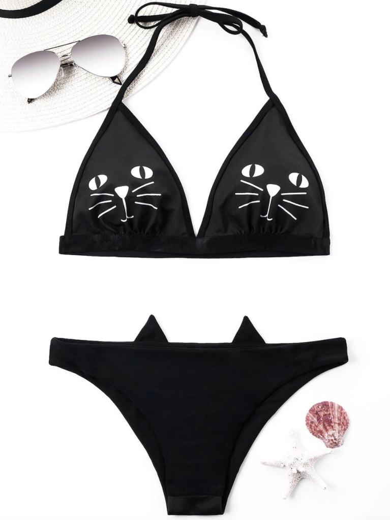 Cartoon Cat Print Halter Bikini