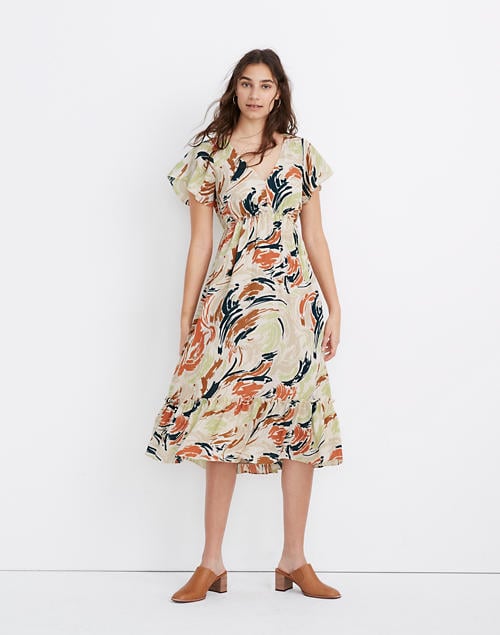 Flutter-Sleeve Ruffle-Waist Midi Dress