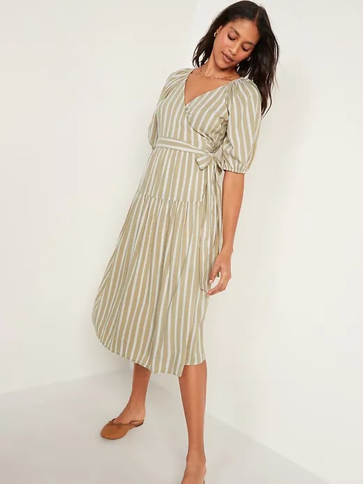 Striped Tie-Belt Midi Wrap Dress ...