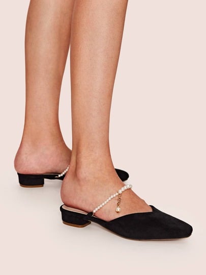 Shein Faux Pearl Decor Square Toe Flat Mules