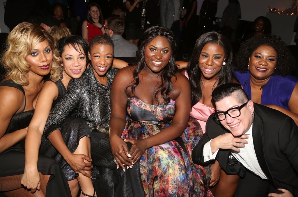 Laverne Cox, Selenis Leyva, Samira Wiley, Danielle Brooks, Uzo Aduba, Lea DeLaria, and Adrienne Moore dressed to the nines for The Color Purple's opening night on Broadway in December 2015.
