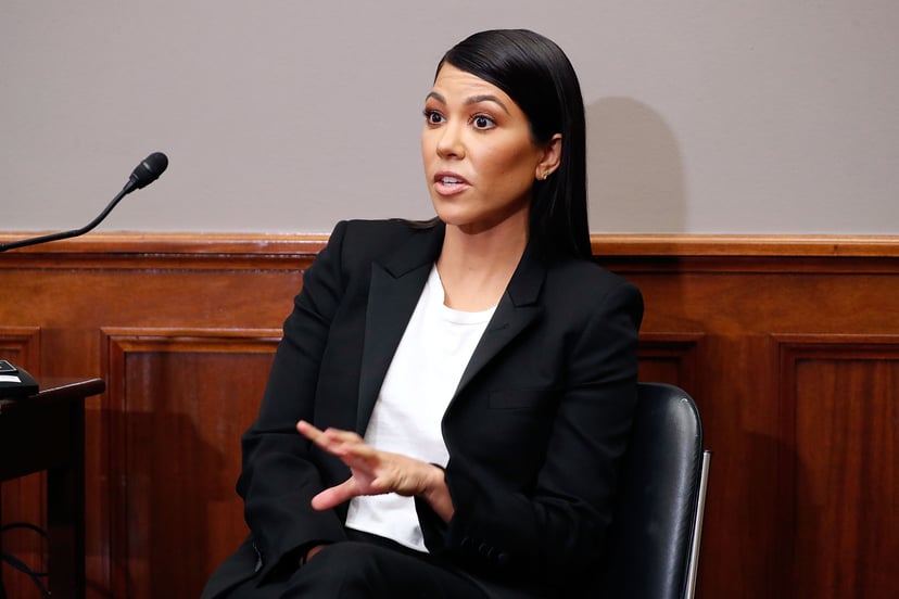WASHINGTON, DC - APRIL 24:  Reality TV-Star Kourtney Kardashian speaks at a briefing in support of bipartisan personal care products legislation aimed at reforming how the FDA regulates the personal care products industry in the Russell Senate Office Buil