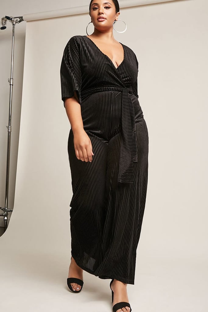 Forever 21 Plus Velvet Shadow-Stripe Jumpsuit