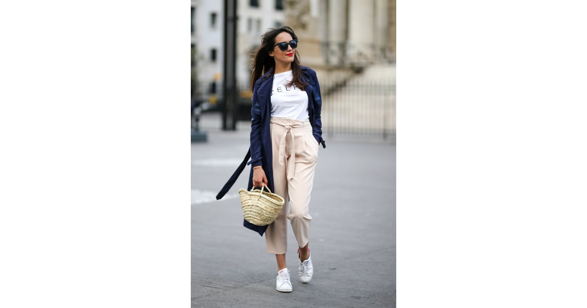 Style a luxe outfit with a straw bag and sneakers. | How to Wear a ...