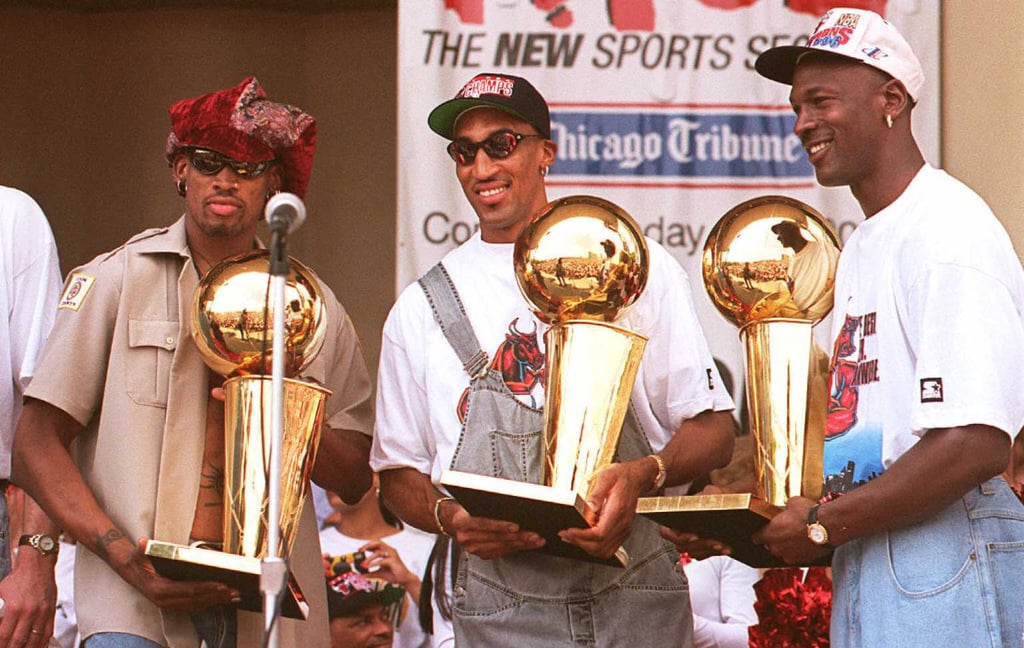 Michael Jordan And Dennis Rodman With Scottie Pippen At A Rally In Chicago In 1996 Are Michael 