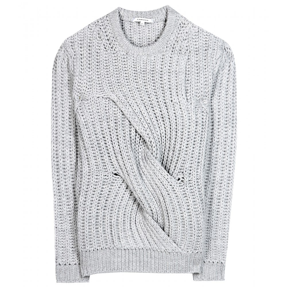 Even when the inevitable boredom strikes after wearing sweaters for two months straight, the unique sculptural detailing on this Carven chunky-knit wool sweater ($494) makes it the piece I'll still look forward to wearing. 
— HW