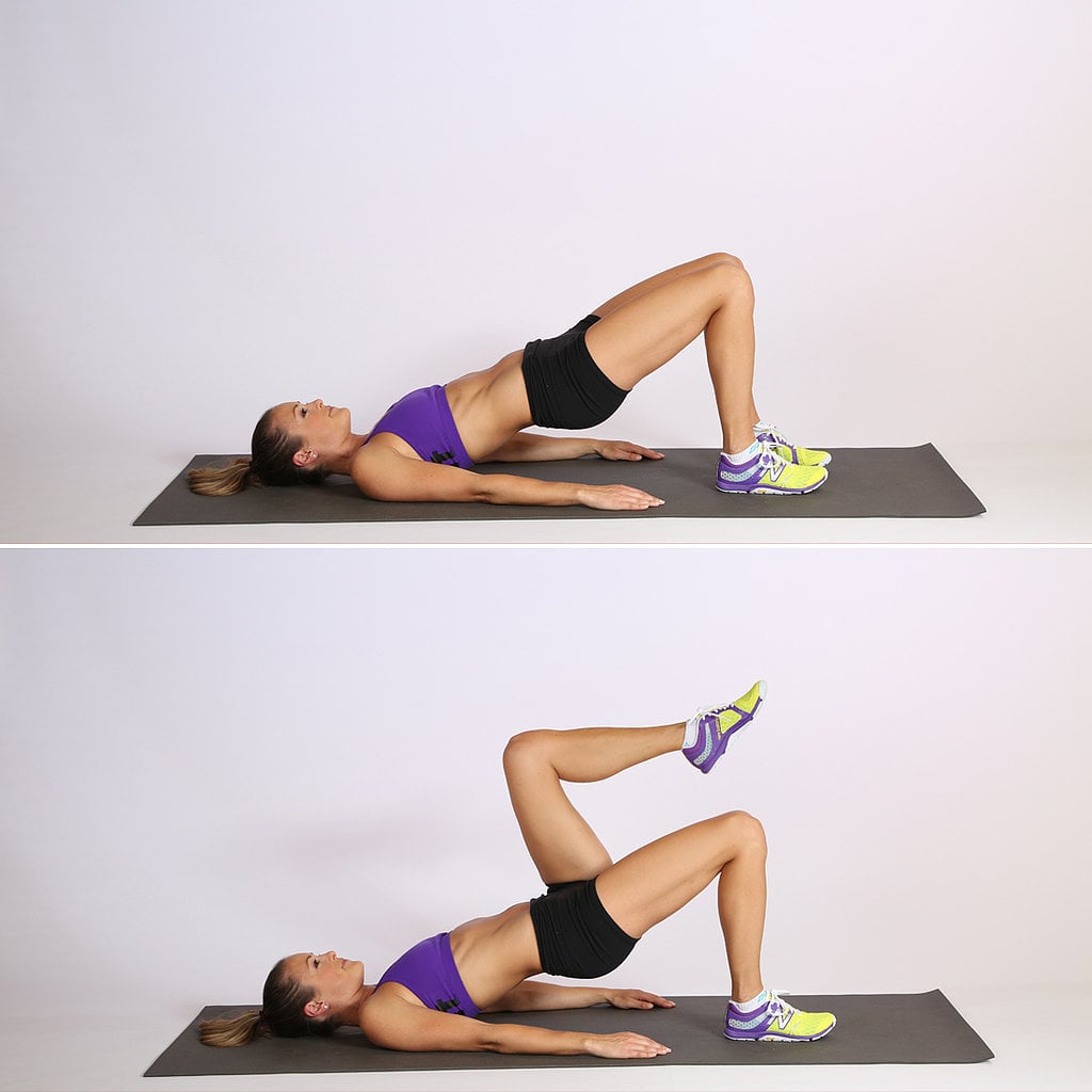 Marching Bridge
Reps: 20, alternating sides

Lie on your back with your hands by your sides, with your heels about 12 inches from your pelvis. Press your heels into the floor to come into a bridge position with a neutral spine.
Press your right heel into the floor, and keeping your left knee bent, raise your left leg until your hip is at 90 degrees. Lower your left leg down, pressing through your right glute so your pelvis doesn't drift to the floor as you lower your leg. This completes one rep; switch sides and lift your right leg for your second rep.

To keep the pelvis stable in this position while moving your legs, you really need to engage your glutes.