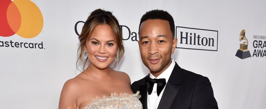 Chrissy Teigen Wearing Cream Off-the-Shoulder Gown