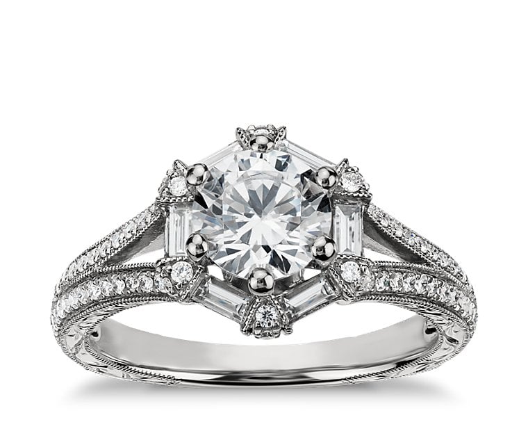 Monique Lhuillier Baguette Hexagon Engagement Ring ($3,125 for setting)