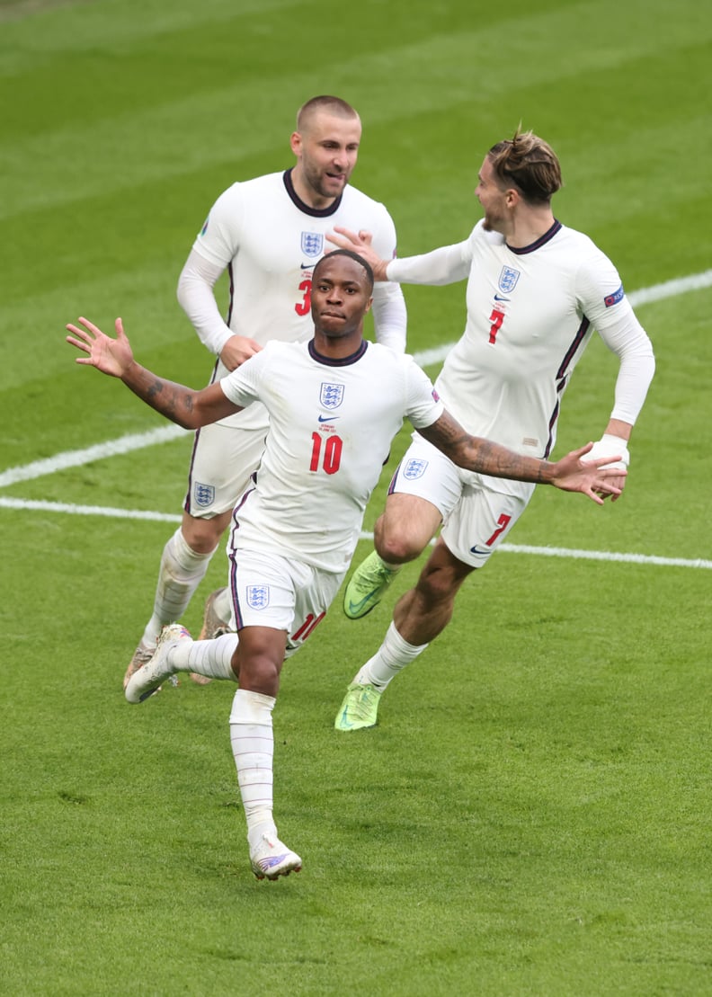 LONDON, ENGLAND - JUNE 29:  Raheem Sterling of England celebrates the opening goal with Jack Grealish and Luke Shaw during the UEFA Euro 2020 Championship Round of 16 match between England and Germany at Wembley Stadium on June 29, 2021 in London, United 
