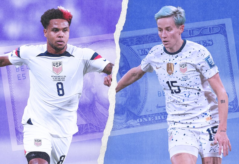 a split image of Megan Rapinoe and Weston McKennie with a $100 dollar bill in the background to symbolize how the USWNT and USMNT split world cup prize money