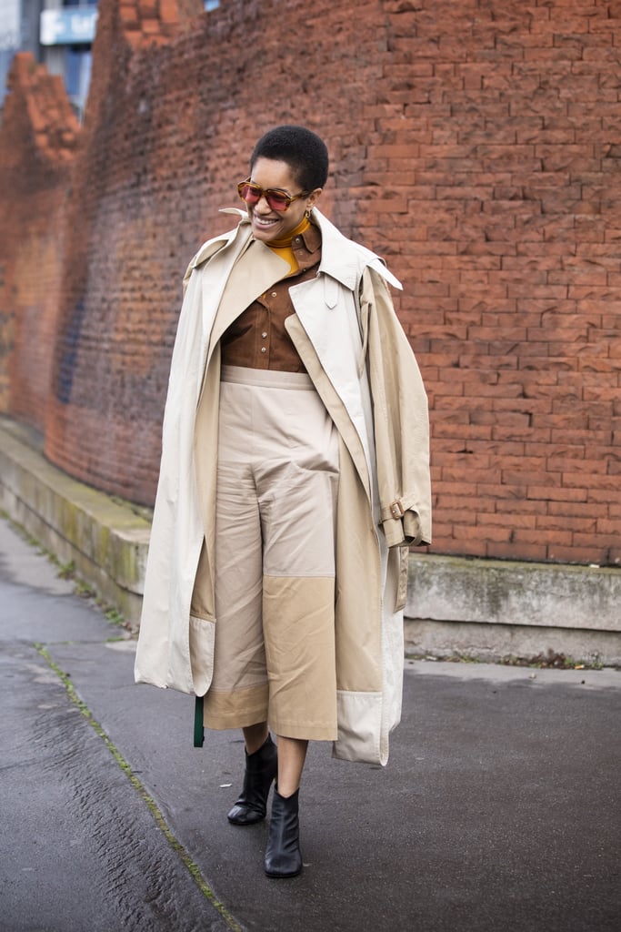 Cropped wide legs feel polished with a tailored trench and button-down shirt.