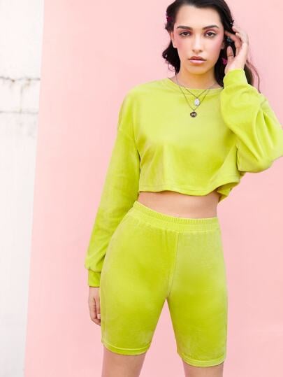 Shein Drop Shoulder Velvet Pullover & Cycling Shorts Set