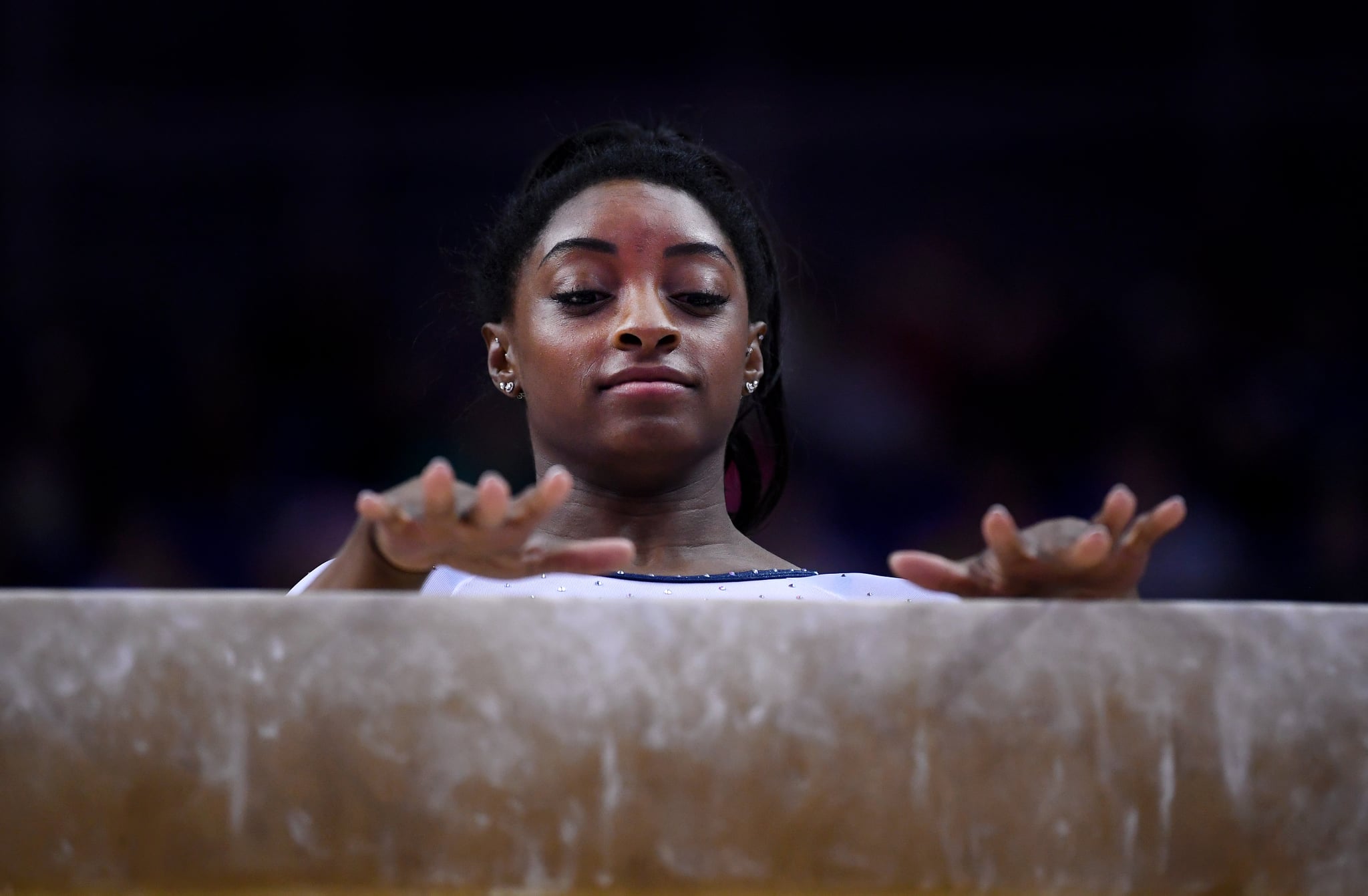 LONDON, ENGLAND - MARCH 23: Simone Biles of the USA performs on balance beam during the Superstars of Gymnastics at The O2 Arena on March 23, 2019 in London, England. (Photo by Laurence Griffiths/Getty Images)