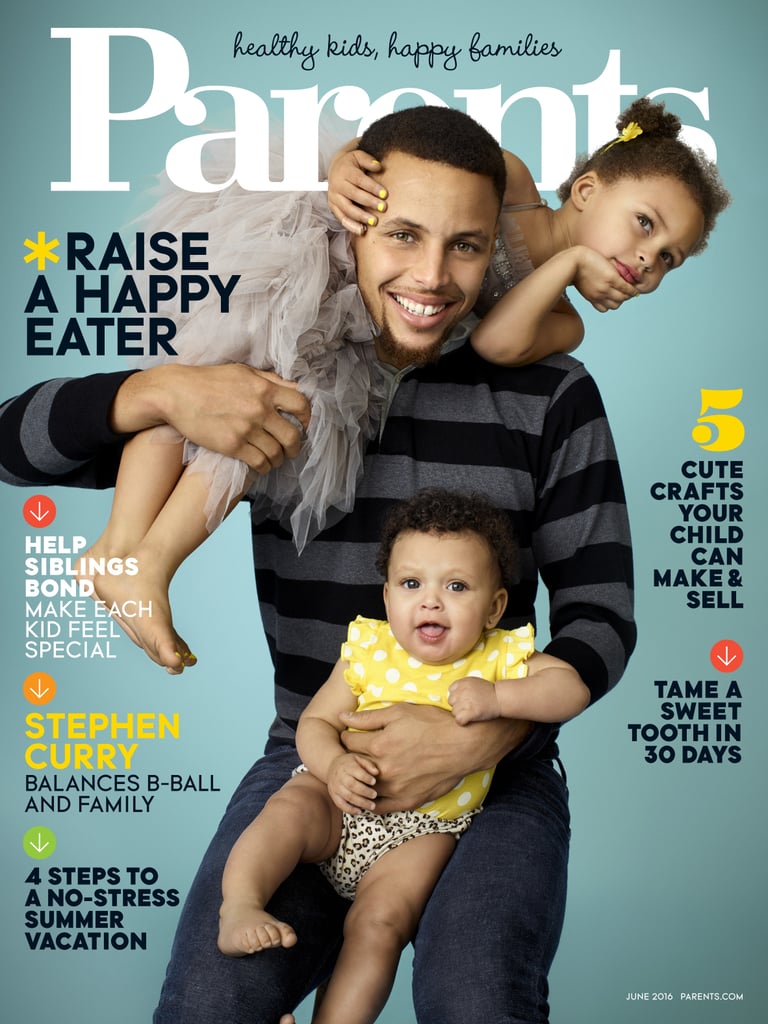 Stephen Curry and his adorable family cover the June issue of Parents magazine, and the Golden State Warriors point guard and NBA MVP is all smiles in the photos alongside his wife, culinary star Ayesha Curry, and their daughters, Riley and Ryan; Riley, who skyrocketed to fame after accompanying her dad to many of his postgame press conferences last year, puts her personality on display while holding a tiny purse and jumping on the couch.
In their interview, Steph and Ayesha open up about their 3-year-old's newfound fame — Steph remarked, "If we go somewhere without her, the first question people ask us is, 'Where's Riley?'" — as well as what it's like to juggle two kids with their busy lifestyle (baby Ryan was born in July 2015). The couple also reveals whether or not they have plans for "a third little Curry." Look through to see the Curry family's cute photo shoot, then see more times that Steph's girls outshone him.