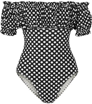 Norma Kamali Empire Jose Mio Off-the-shoulder Polka-dot Swimsuit