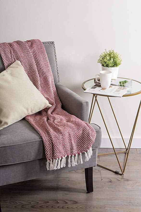 Woven Red Cotton Basket-Weave Throw