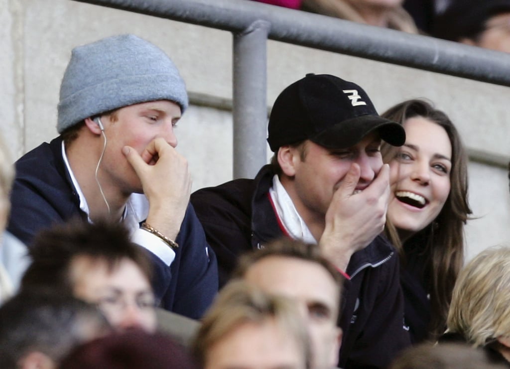 Kate and Prince William laughed alongside Prince Harry during the RBS Six Nations Championship match in London in February 2007.
Kate and Prince William laughed alongside Prince Harry during the RBS Six Nations Championship match in London in February 2007.