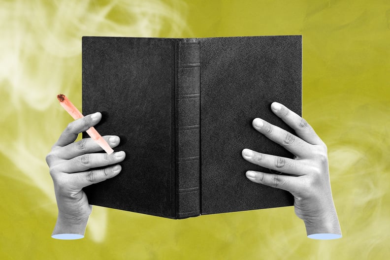 collage artwork of person holding a book and a joint