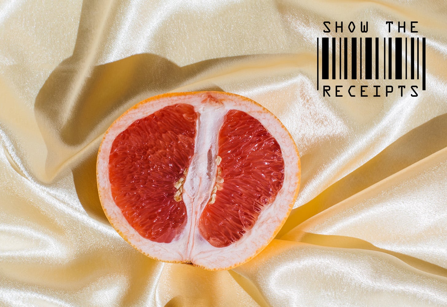 Designed Image of Half of a Grape Fruit on a Silk Sheet and Show the Receipts Text