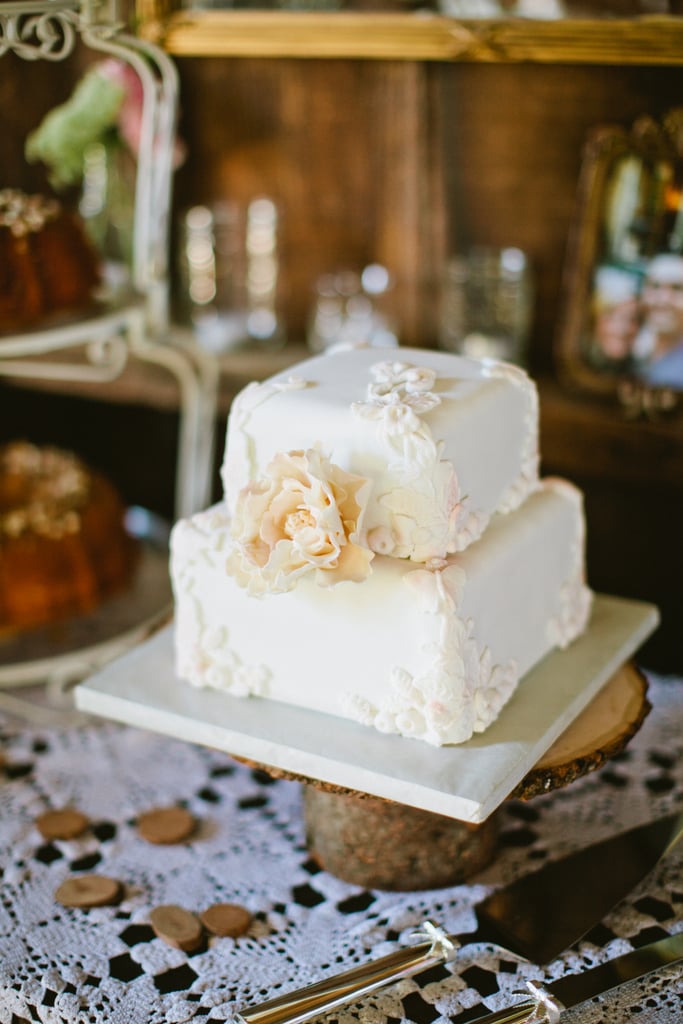 At only two layers high, this pretty, white, floral-covered cake makes a big impact.