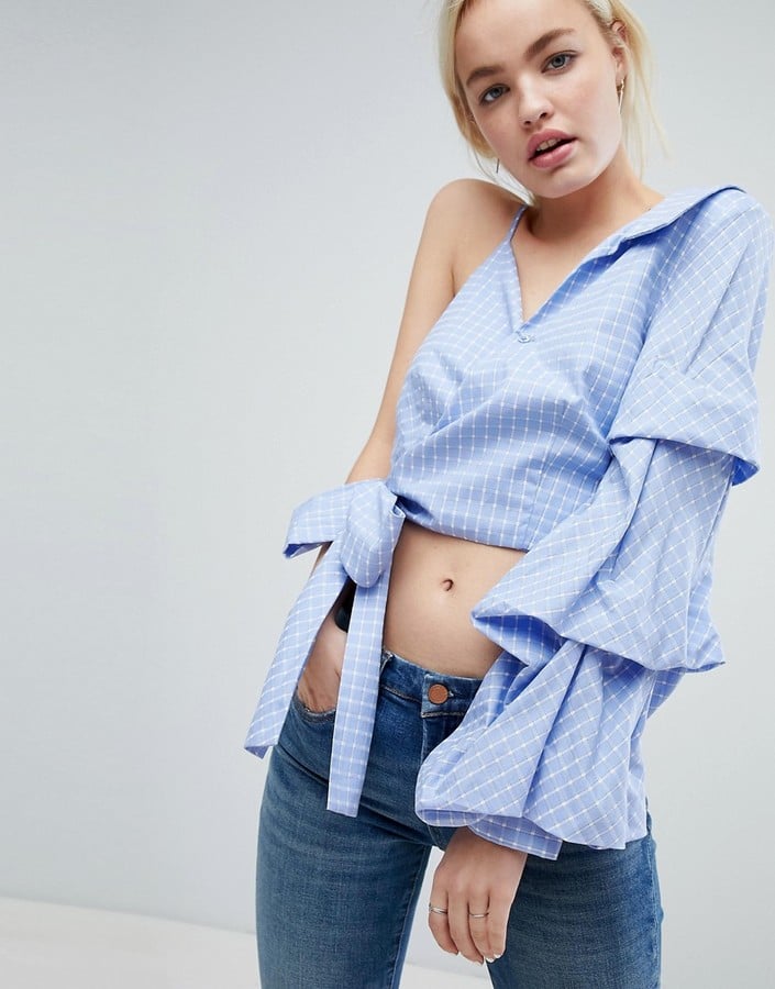 J.o.a. One Shoulder Top With Extreme Ruffle Sleeve And Wrap Waist In Grid Check