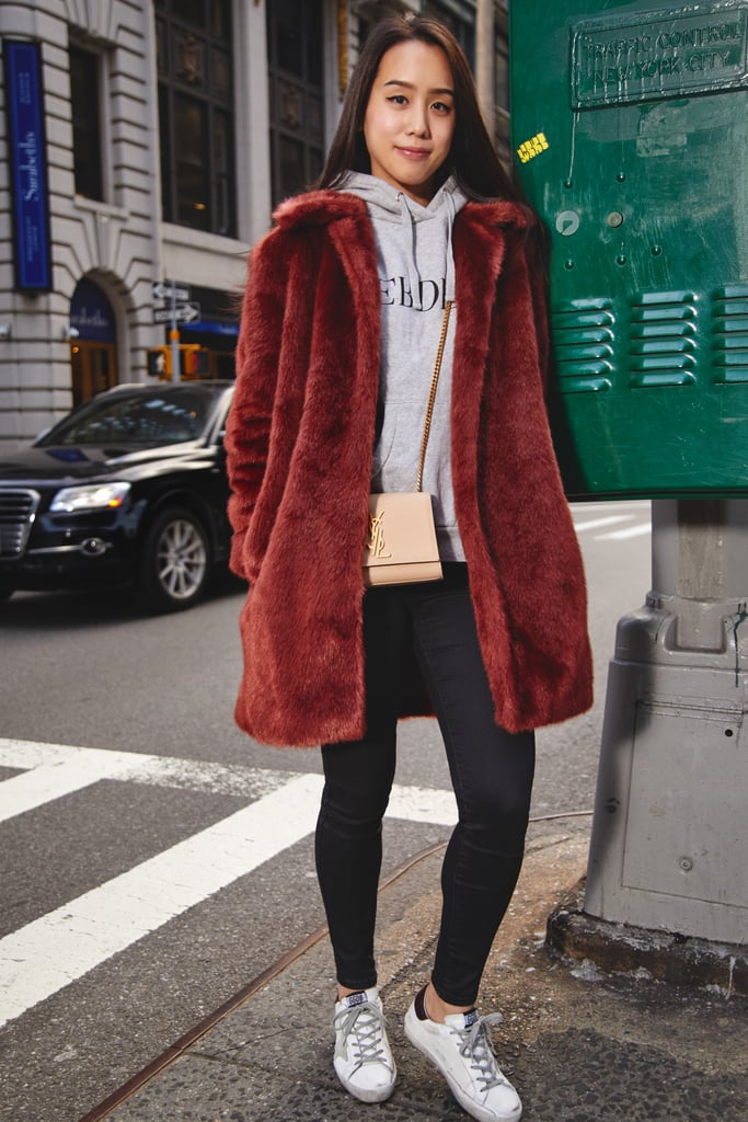 On Assistant Editor Marina Liao: Frame coat, H&M x Erdem hoodie, Saint Laurent bag, Topshop jeans, Golden Goose sneakers.