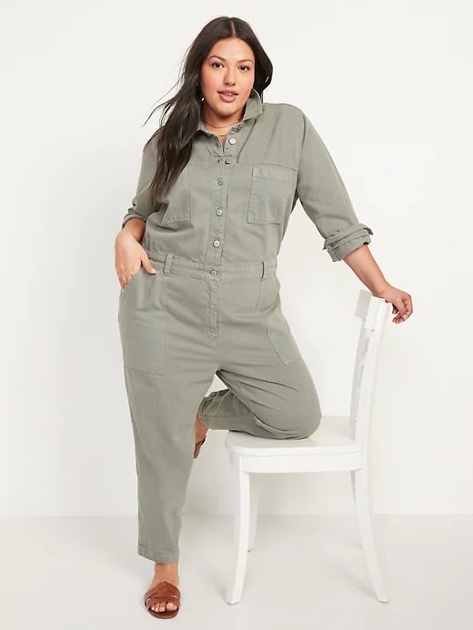 Long-Sleeve Cropped Jean Utility Jumpsuit