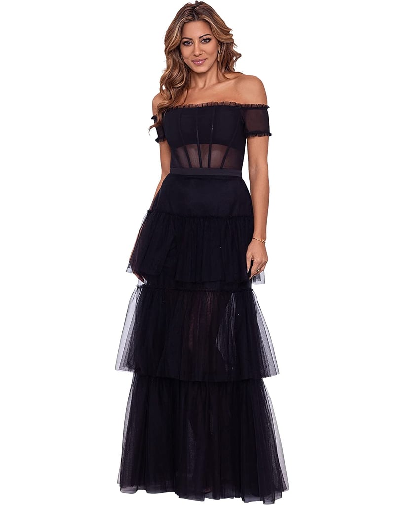 Betsy & Adam Over-the-Shoulder Tiered Mesh Gown
