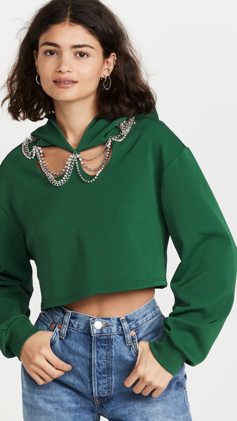 Area Cropped Hoodie with Draped Crystal Cutout