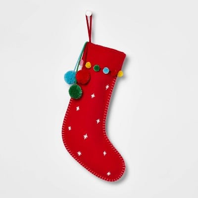 Target Felt Snowflake Christmas Stocking Red With Multicolored Pom-Poms