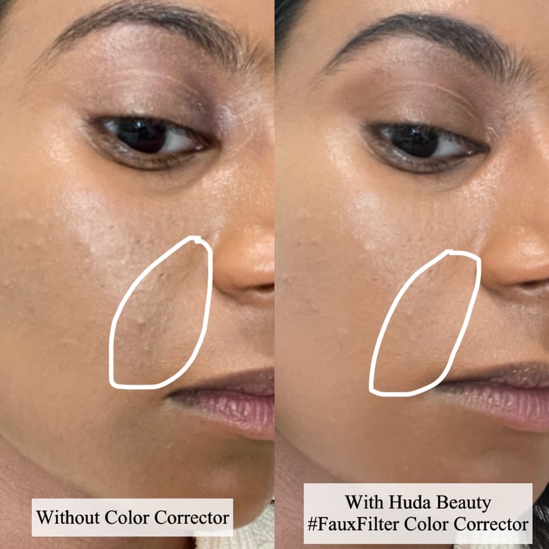 Before and after using the Huda Beauty #Fauxfilter Color Corrector in Mango on the skin.