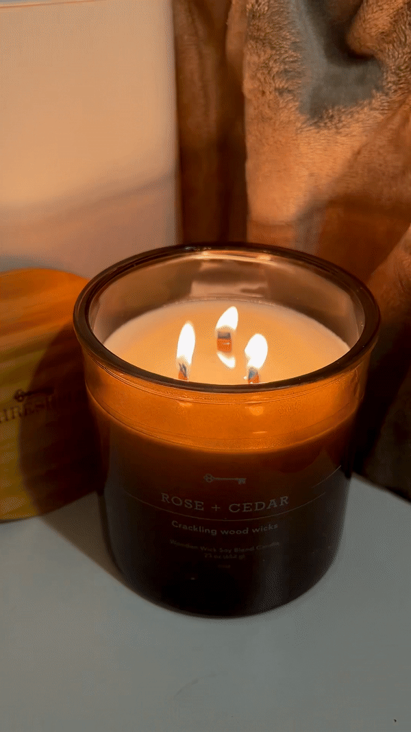 3-Wick Amber Glass Rose + Cedar Lidded Wood Wick Jar Candle 21oz -  Threshold™