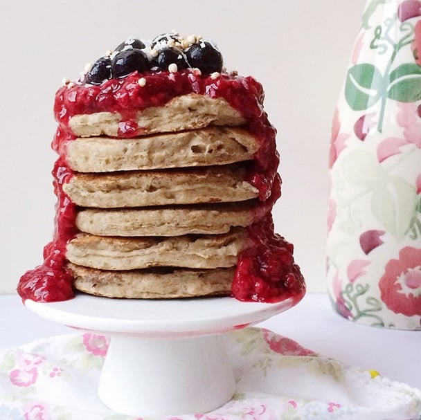 Adding fresh berries is a great way to load up on fiber and antioxidants. Here's a recipe for vegan caramel buckwheat pancakes topped with fresh fruit puree.
Source: Instagram user naturallymeghan