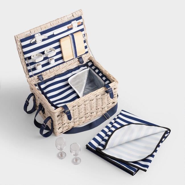 Navy Stripe Wine & Cheese Insulated Willow Picnic Basket