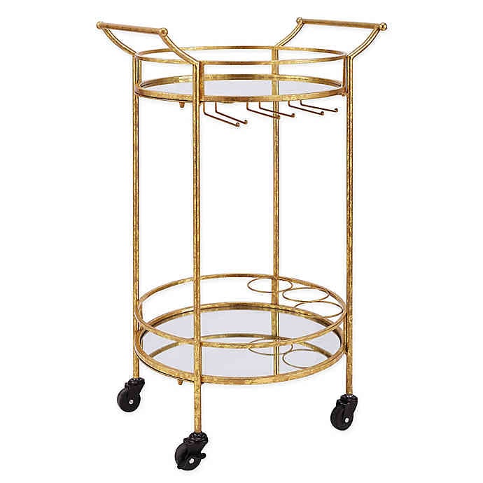 Linon Home Teague Round Metal Bar Cart in Gold