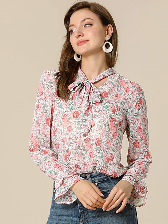 Allegra K Floral Tie V Neck Blouse