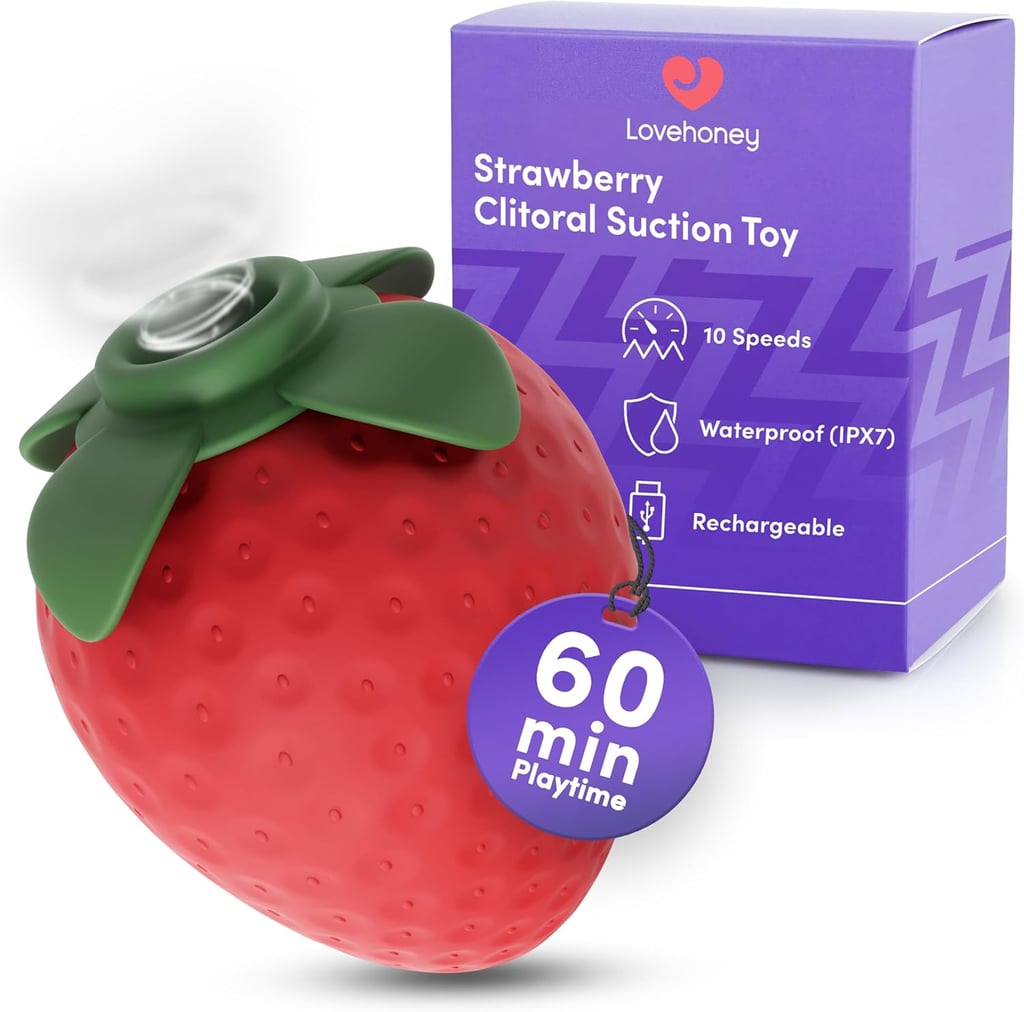 Lovehoney Strawberry Sex Toy Clitoral Stimulator ($20)
Who said a sex toy can't be a little whimsical? It's hard not to smile at this cutesy clitoral stimulator that looks like a perfectly ripe strawberry. It's waterproof, has a 60-minute battery life, and up to 10 speeds for a truly customizable (and berry naughty) experience.