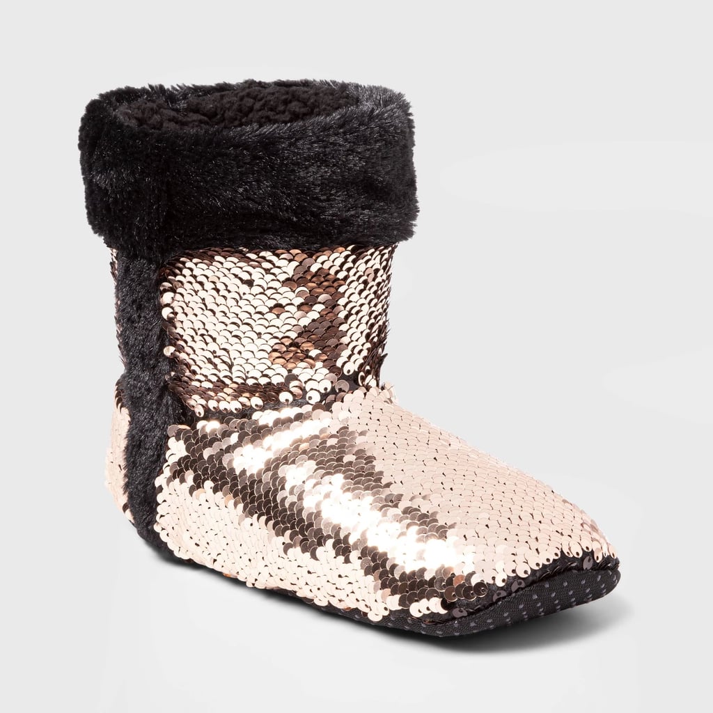 Women's Flip Sequins Booties With Faux Fur Cuff