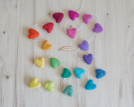 Rainbow Felted Heart Garland