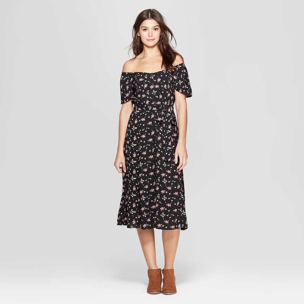 Short Sleeve Off-the-Shoulder Button Front Midi Dress