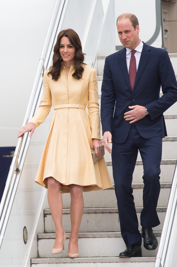 For her arrival to Bhutan, Kate brought out another favorite piece — a golden coat-dress by Emilia Wickstead.