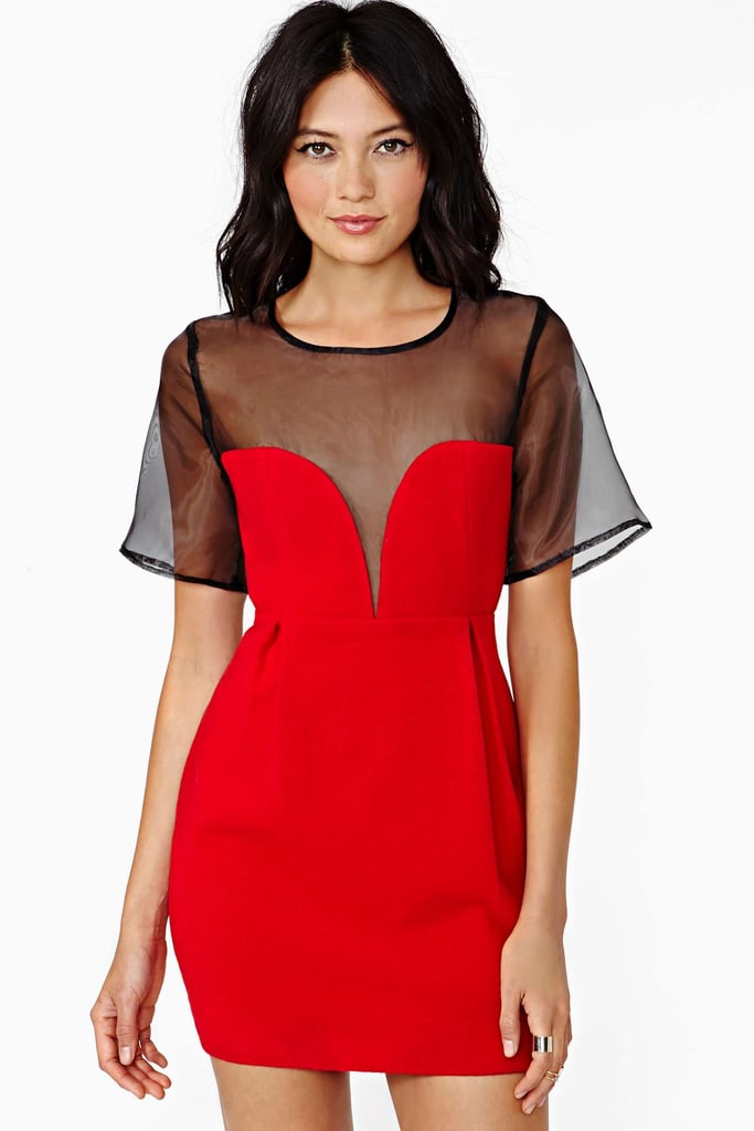 Nasty Gal Midnight Fire red sweetheart plunge-neckline dress with sheer black sleeves ($98)