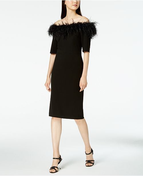 Calvin Klein Faux-Feather Off-The-Shoulder Dress