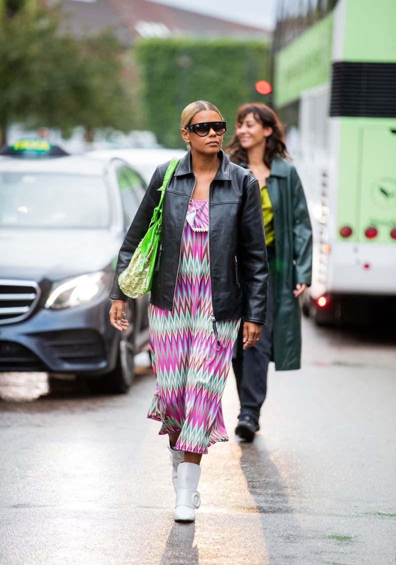 Fall Outfit Idea: Leather Jacket + Printed Midi Dress + White Boots