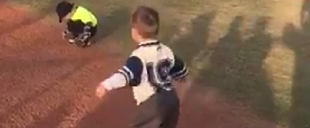 Little Boy Doing Victory Dance at First Base
